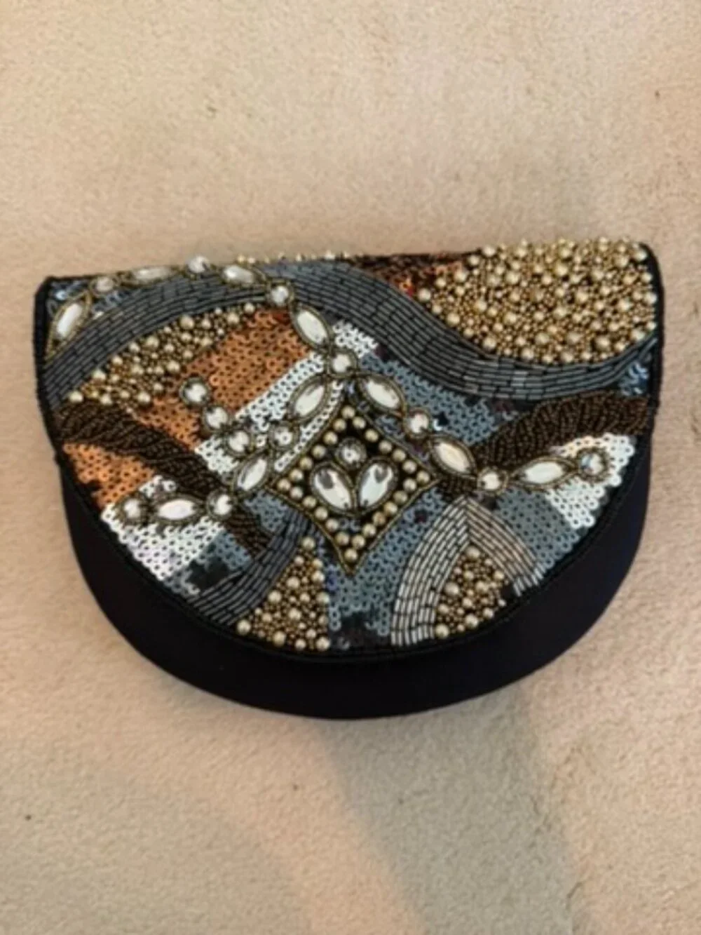 Vintage Towanny Black & Metallic Beaded Crossbody Evening Bag - Mosaic Sequined